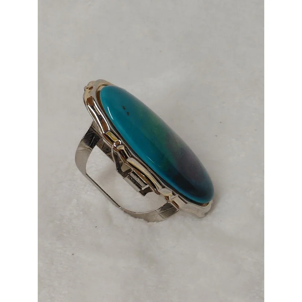 Vintage Silver Tone Faux Turquoise Compact Locket Ring Hidden Mirror Poison Boho